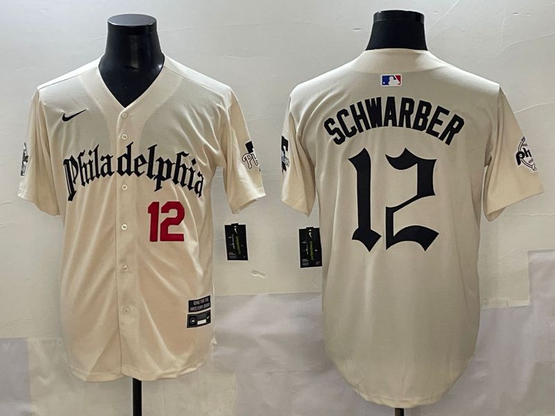 Men 2025 Philadelphia Phillies #12 Schwarber Cream Five generations Joint Name Nike MLB Jersey style 2